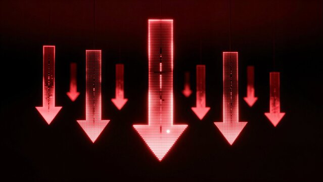 Red glowing arrows descend against a dark background, symbolizing decline or loss.