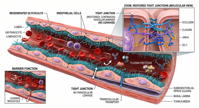 Detailed medical diagram of restored vascular barrier function tight junctions and endothelial glycocalyx