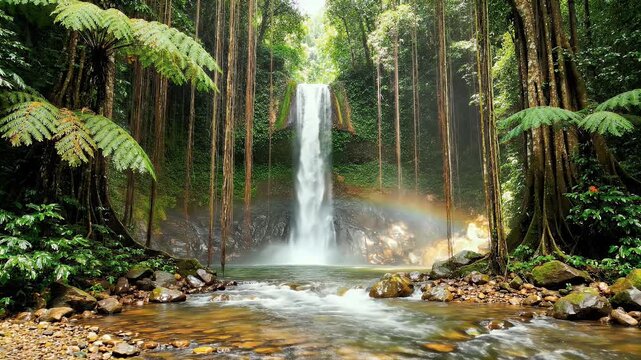 A majestic waterfall cascades into a jungle pool with a vibrant rainbow arc now