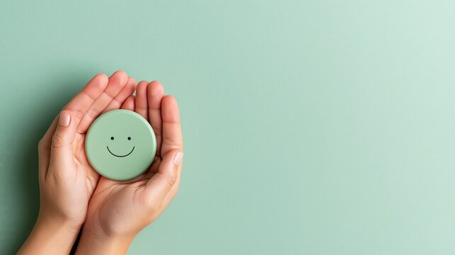 hands holding green smiley face button