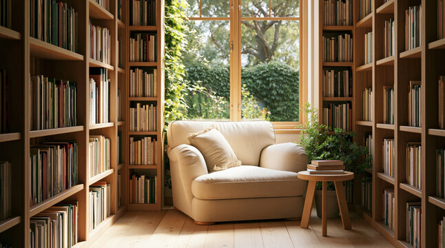 Library interior with a cozy armchair by a sunny window and a tall wooden bookshelf filled with books for reading