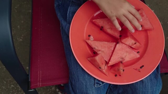 A top down flat lay camera shot captures fresh sliced red watermelon triangles arranged on a red plastic plate outdoors, representing organic summer fruit concepts in Als&oacute;mocsol&aacute;d, Baranya, Hungary.