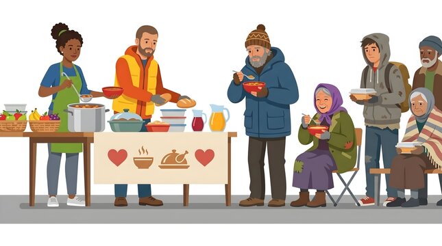Volunteers serving warm food to people at a community soup kitchen