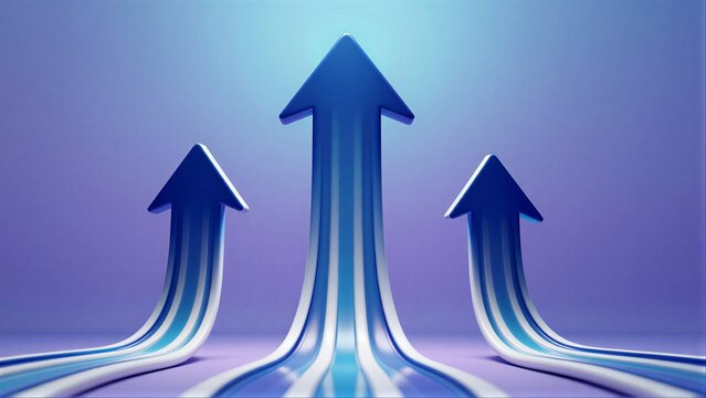 Three blue arrows rise upward, symbolizing growth and progress against a gradient background.