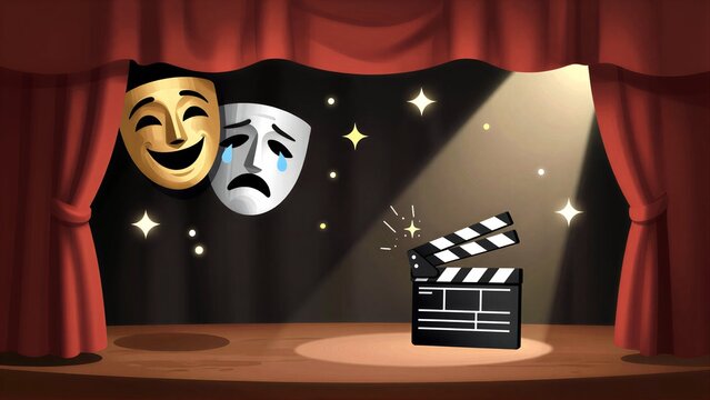 Stage with comedy and tragedy masks, spotlight shines on clapperboard.
