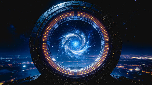Futuristic Stargate Portal Opening to Distant Spiral Galaxy