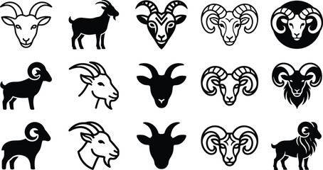 Obraz premium Goat and Ram Head Logo Icon Set with Curled Horns, Silhouette, and Mascot Emblem Symbols for Apps and Branding
