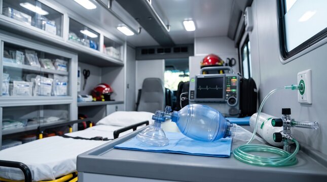 Manual Resuscitation Bag Mask Ready in Emergency Ambulance Equipment Setup