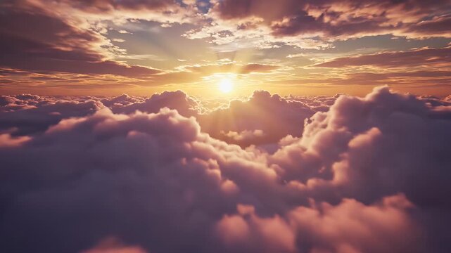Sunbeams pierce through fluffy clouds at dawn, painting sky with warm hues