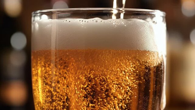 Refreshing amber beverage with frothy head, bubbles rising, close-up