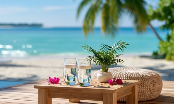Two glasses of water on wooden table at