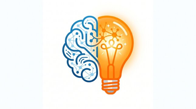 An illustration of a split human brain and glowing lightbulb, representing artificial intelligence, creativity, and innovative thinking.