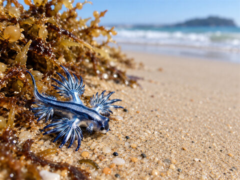 Blue dragon sea slug washed onto a sandy shore beside sargassum with bright blue cerata in sharp macro detail and a softly blurred ocean showing glaucus atlanticus after coastal beach stranding