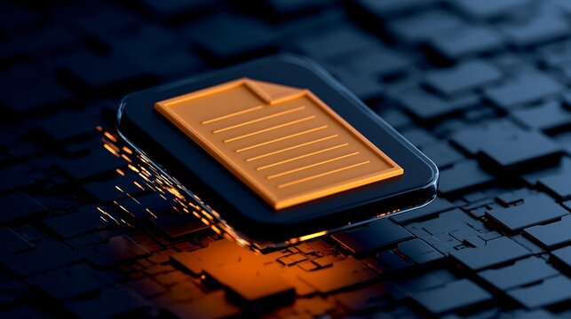 Glowing digital document file icon floating above dark microchip hardware surface. Concept of cloud storage processing, electronic records and modern information technology infrastructure.