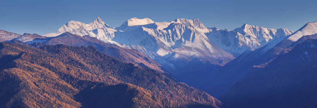Belukha Mountain is the highest point of Altai, panoramic view of snow-capped peaks, climbing and traveling in the mountains