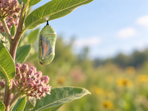 Monarch butterfly chrysalis hanging from milkweed beside pink blossoms with translucent green casing and gold details in warm sunlight showing the quiet transformation stage of metamorphosis in nature