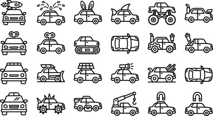 Modified and Custom Car Icon Set with Monster Truck, Tank Wheels, Solar Panel, and Armored Vehicle Symbols for Apps © MdMustak
