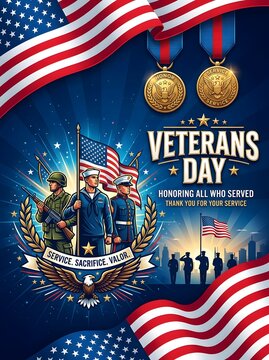 Patriotic vertical flyer template for Veterans Day featuring military troops, gold medals, and American flags.