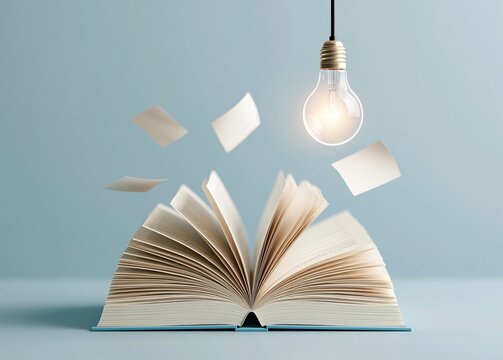 open book with light bulb and floating pages