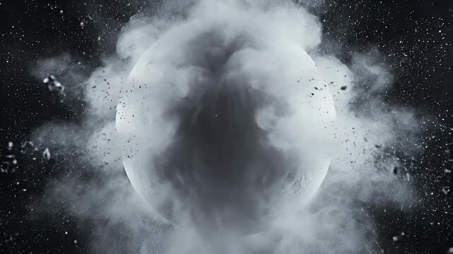 Textured sphere exploding with white powder against a dark background