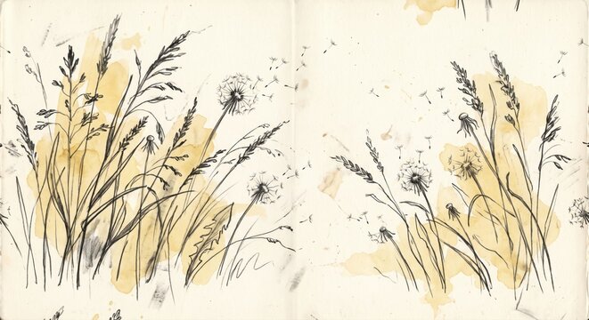 Hand drawn dandelion and wild grass pattern with yellow watercolor splashes
