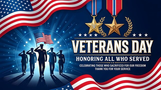 Veterans Day background with siluting military soldiers in silhouette, golden stars, and American flag frame.