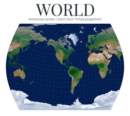 World Map. John Muir Times projection. High-detail physical map of Earth. Compromise small-scale projection centered on Americas. © Eugene Ga