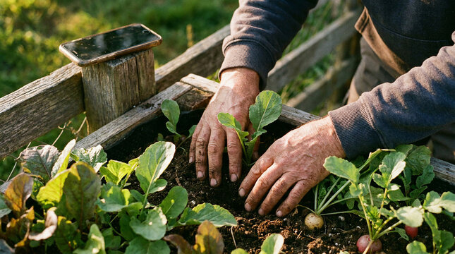 Digital detox concept with hands planting fresh green vegetables in a garden bed while leaving the smartphone face down on a wooden fence post to disconnect and reconnect with nature.