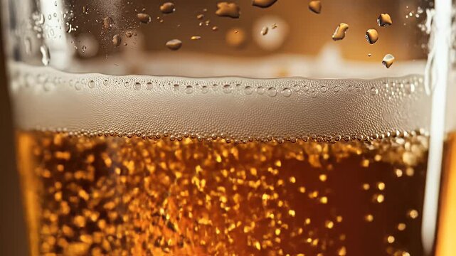 Close-up of golden liquid in a glass with dense foam and sparkling condensation