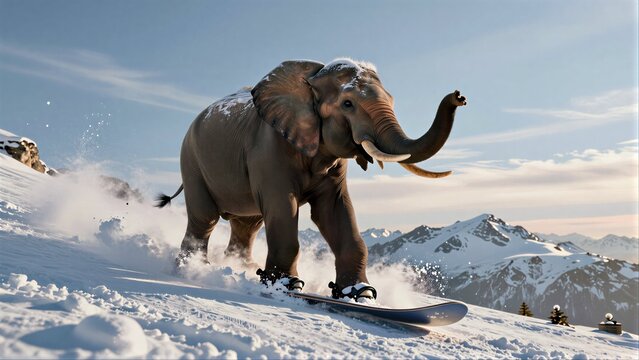Snow elephant snowboards down mountain, majestic and whimsical against snowy peaks.
