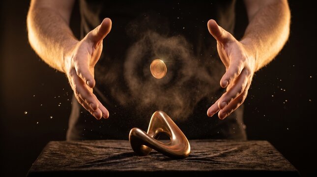 Male hands levitating gold coin over abstract sculpture on dark table