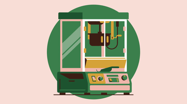 A flat vector illustration of a retro popcorn machine displayed against a soft pink background with a green circle.