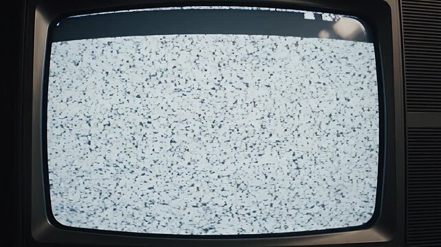 Static-filled vintage television screen displaying color test pattern and signal loss