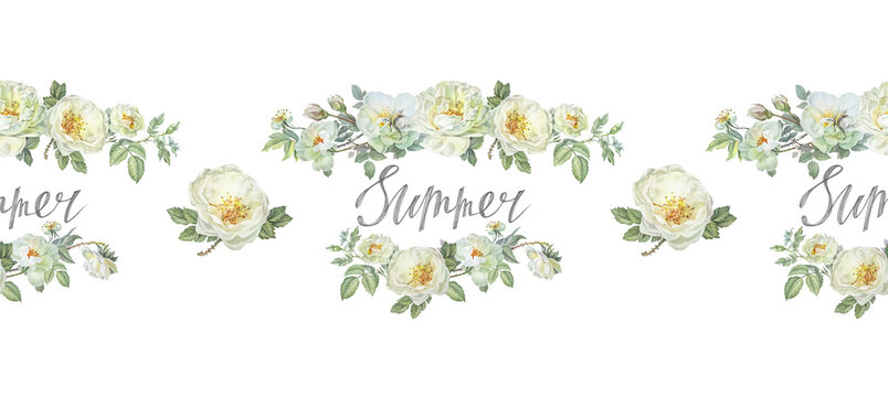 Watercolor seamless border with flower dog rose and lettering word Summer. Plant on white background. Branch with leaves and wild rose hip. Botanical rim for tea wallpaper or wrapping kitchen