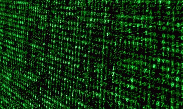 Green digital matrix code on dark background