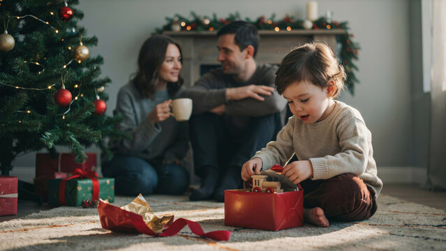 A young boy eagerly unwraps a Christmas gift on the floor, while his parents watch him by the fireplace and Christmas tree.