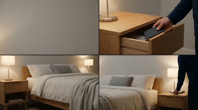 Close up shots showing a person placing a smartphone into an open wooden drawer of a modern nightstand beside a cozy bed with textured linens and warm lamp light.