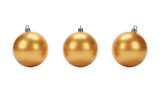 Three golden Christmas ornaments displayed in a row.