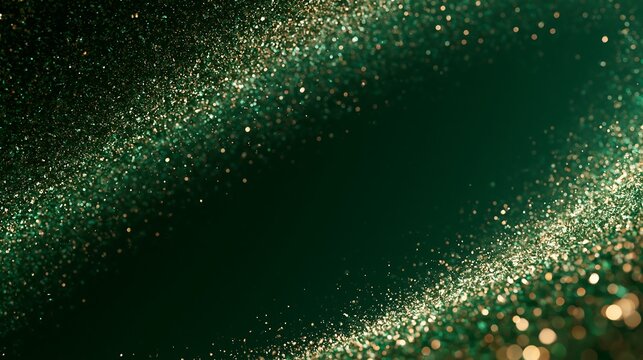 Abstract emerald green Christmas background with sparkling golden glitter wave frame.