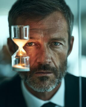 Businessman watches a miniature hourglass floating near his face
