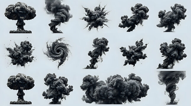 Collection of various black smoke explosions and cloud formations isolated