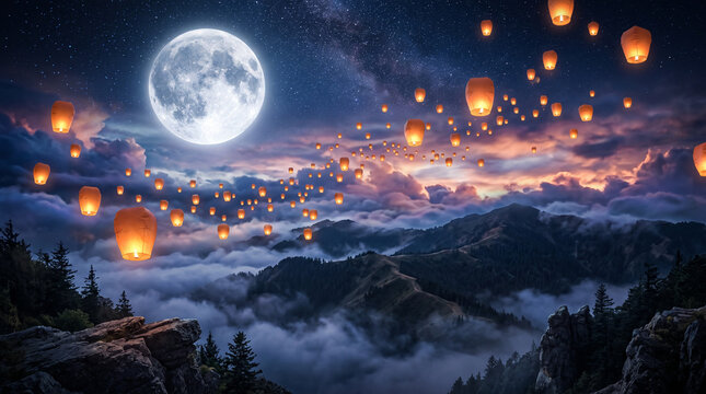 Many sky lanterns floating over misty mountains under a bright full moon at night.