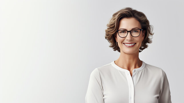Woman with glasses smiling. Happy woman portrait with copy space for text. Businesswoman white background.