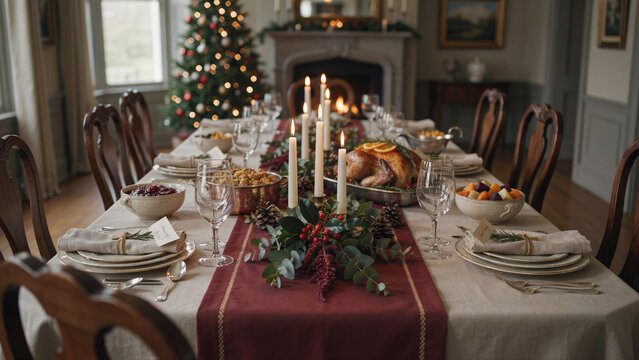 A festive Christmas dinner table setting, beautifully decorated with a roasted turkey, candles, and a Christmas tree in the background.