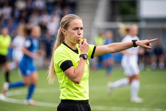 Female Football Referee Blowing Whistle and Pointing During Match