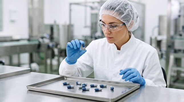 Female scientist in lab coat hairnet and goggles examines pharmaceutical capsules on a metal tray