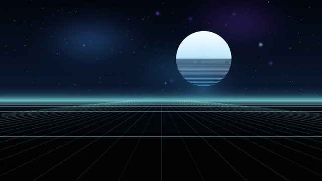 Flying Over a Cyan Perspective Grid Towards a Striped Retro Sun on a Starry Synthwave Sky &ndash; Abstract Retro Grid Horizon & Vaporwave Background Loop