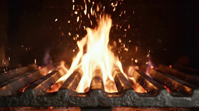 A close-up shot of hot flames and glowing embers on a grill grate