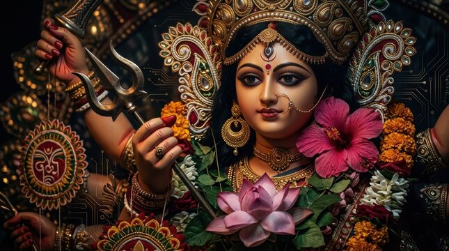 Divine Hindu Goddess sculpture holding weapons during religious festival celebration