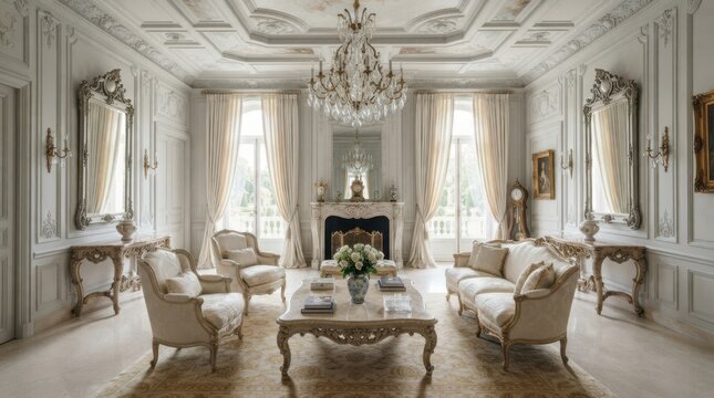 Elegant French rococo living room with ornate furniture and crystal chandelier